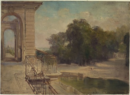 Ruins of the Château de Saint-Cloud: the horseshoe basin seen from the first floor balcony, c1875.