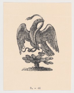 An eagle resting on a cactus holding a snake in its beak (from the Mexican coat of arms), ca 1900-1910.