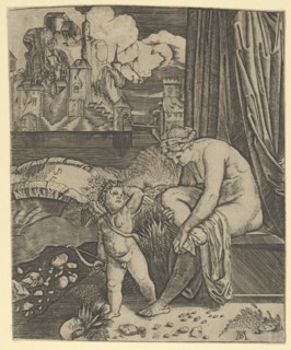 Venus naked sitting at right drying her foot with a piece of drapery, Cupid, in fro..., ca. 1520-30. Creator: Anon.