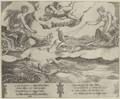 Allegory of Marriage and Love; Juno in a chariot drawn by peacocks at right,Venus, ca. 1540-60. Creator: Anon.