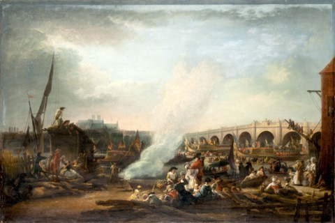 Westminster Bridge and the Thames Procession of King Christian VII of Denmark in 1768, 1769. Creator: Martin, Elias (1739-1818).