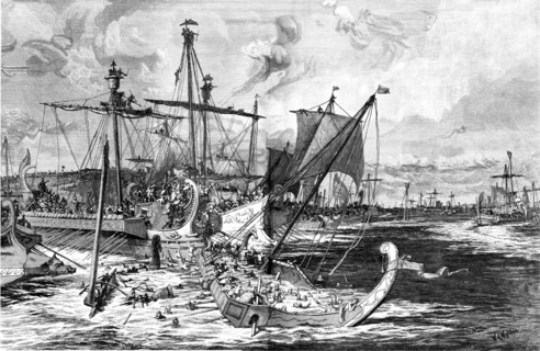 'Old Greek War Ships at the Battle of Salamis, 480BC', 1886.  Creator: Unknown.