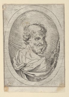 Saint Simon seen from behind, turning to the right and holding a saw, in an oval frame, 1600-1640. Creator: Anon.