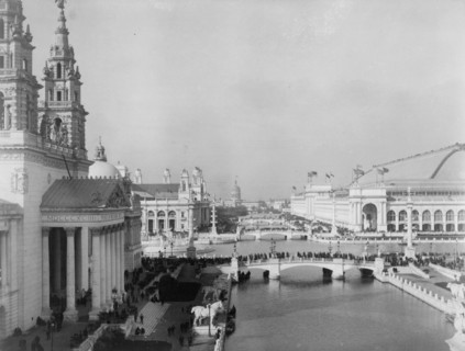 Bird's-eye view of exposition grounds, with canal in foreground, World's Columbian Expo..., 1893. Creator: Frances Benjamin Johnston.