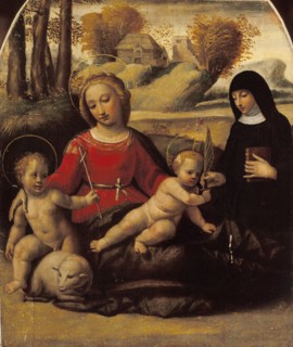 Virgin and child with John the Baptist as a Boy and Saint Scholastica, Early16th cen. Creator: Ortolano (Benvenuti), Giovanni Battista (c. 1480-1525).