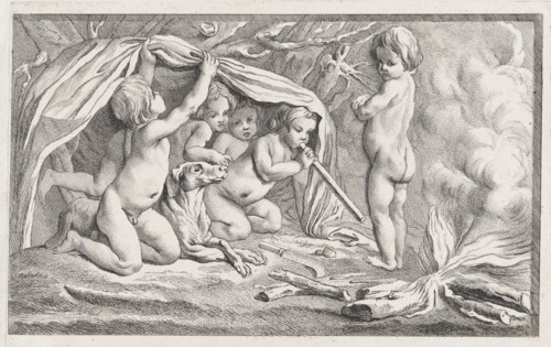 Nude children and a dog warming themselves by a fire; an allegory of Winter, after a..., after 1745. Creator: Anon.