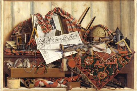 Trompe l'Oeil with Trumpet, Celestial Globe and Proclamation by Frederik III, 1670. Creator: Gijsbrechts, Cornelis Norbertus (before 1657-after 1675).