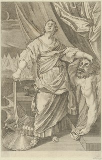 Judith standing and looking up, holding the head of Holofernes in her left hand and a..., 1650-1750. Creator: Anon.