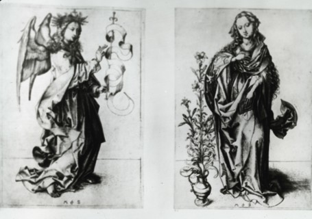 Reproduction of print showing: Madonna and Archangel Gabriel , between 1915 and 1925. Creator: Martin Schongauer.