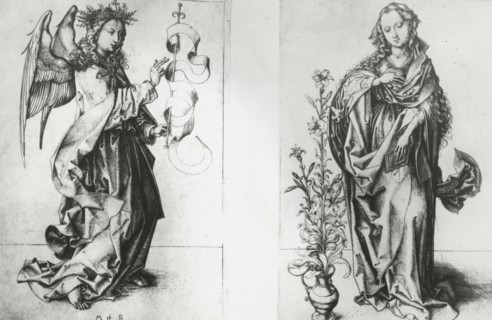 Reproduction of print showing: Madonna and Archangel Gabriel , between 1915 and 1925. Creator: Martin Schongauer.