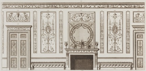 Interior design of wall with door, fireplace, panels and benches (in "Designs for Various Ornaments," pl. 52), 1784.
