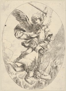 The winged archangel Saint Michael holding a sword and standing on the head of the devil, 1600-1640. Creator: Anon.