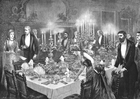 'My First Season; The Dinner Party, 'a middle-aged MP took me in' ', 1890. Creator: Arthur Hopkins.