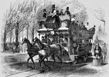 'Railway Omnibus on the Cours la Reine, Paris; Railways upon ordinary roads', 1854. Creator: Unknown.