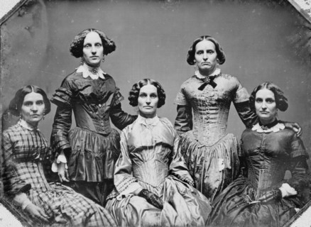 Clark sisters, five women, three-quarter length portraits, all facing front, between 1840 and 1860. Creator: Unknown.