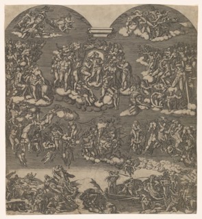 The Last Judgment, Christ at top center surrounded by many figures, below figures..., ca. 1550-1600. Creator: Anon.