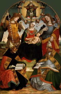 The Trinity, the Virgin and Child, the Archangels Michael and Gabriel and Saints Augustine..., 1510. Creator: Signorelli, Luca (ca 1441-1523).