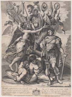 The Trophy of Constantine, with Victory at left crowning the emperor with a laurel,..., ca. 1650-68. Creator: Anon.