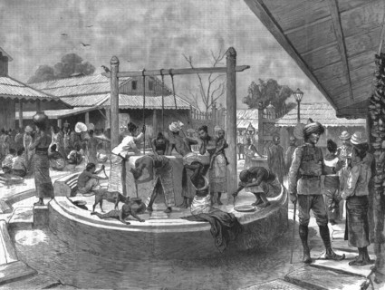'The manners and customs of the Burmans - A wash and brush up in the Market-place...', 1886.  Creator: Unknown.