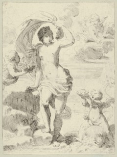 Venus stepping out of the sea, holding a billowing drapery in her left hand, Cupid.., ca. 1600-1640. Creator: Anon.