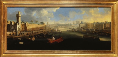 Grande Galerie of the Louvre, with new door, the Pont-Neuf, the city, the college..., around 1665. Creator: Unknown.