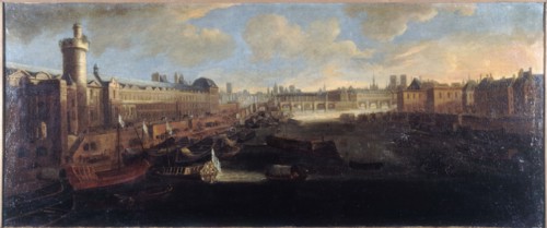 Grande Galerie of the Louvre, with new gate, the Pont-Neuf, the city, the college..., around 1665. Creator: Unknown.