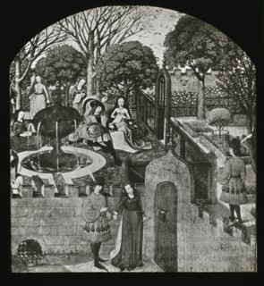Reproduction of illustration showing an enclosed garden, between 1915 and 1925. Creator: Frances Benjamin Johnston.