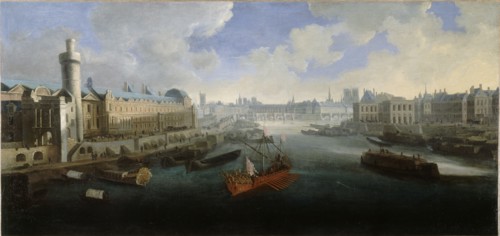 Grande Galerie of the Louvre, with the new door, the Pont-Neuf, the city..., around 1665. Creator: Unknown.