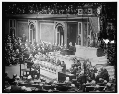 President Woodrow Wilson addressing Joint Session of Congress, between 1910 and 1920. Creator: Harris & Ewing.