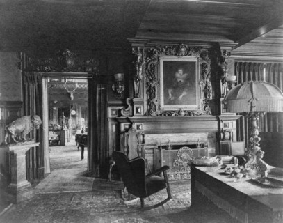 Study with portrait of woman in Elizabethan dress, over fireplace..., Greenwich, Connecticut, 1908. Creator: Frances Benjamin Johnston.