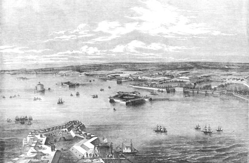 Cronstadt, from the Narrow Part of the Channel nearest St. Petersburg, drawn by E.T. Dolby, 1854. Creator: Unknown.