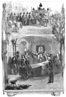 Interment of Marshal St. Arnaud in the Vault of the Marshals of France, beneath the Church..., 1854. Creator: Smyth.