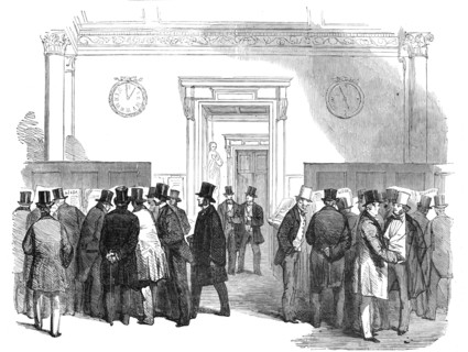Lloyd's Merchants' Room - Reading the News of the Victory of the Alma, 1854. Creator: Unknown.