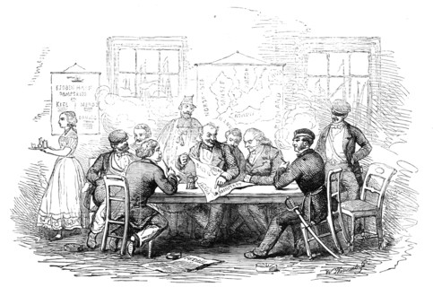Discussing the War, in a Coffee-House, at Copenhagen - sketched by E.T. Dolby, 1854. Creator: W Thomas.