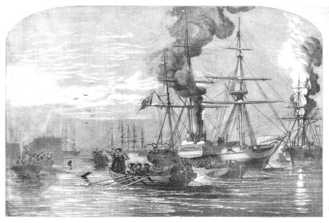 Steam-ships of the Allied Fleet searching for Infernal Machines off Cronstadt..., 1854. Creator: Unknown.