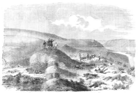 Sandbag Battery defended by the Guards - sketched on the morning of the Battle of Inkerman, 1854. Creator: Unknown.