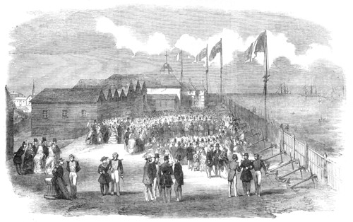 Band of the 3rd French Regiment playing in H.M. Naval Yard, at Deal, 1854. Creator: Unknown.