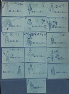 Photograph of 16 place cards drawn by Mills Thompson for artists, musicians, and actors..., 1896. Creator: Frances Benjamin Johnston.