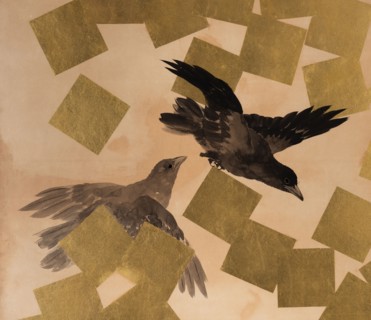 Flight of crows in a snow storm.