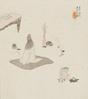 Figure in meditation and servant..