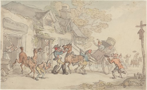 Changing Horses at a Post House in France, c. 1790.