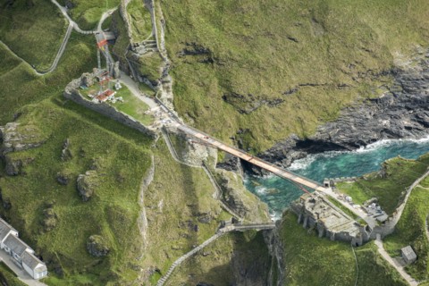 Construction of new Tintagel Castle footbridge, Cornwall, 2019.