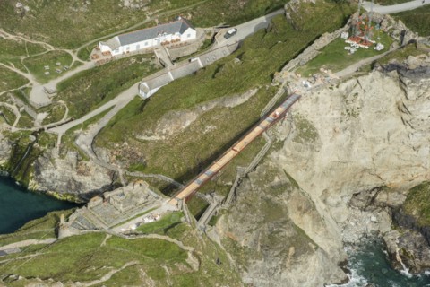 Construction of new Tintagel Castle footbridge, Cornwall, 2019.