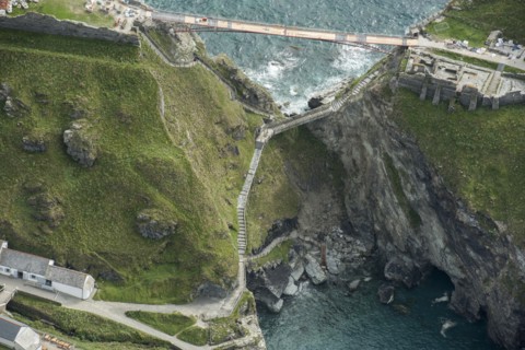 Construction of new Tintagel Castle footbridge, Cornwall, 2019.