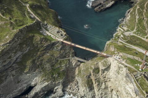 Construction of new Tintagel Castle footbridge, Cornwall, 2019.