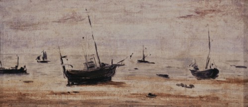 Bateaux échoués à marée basse, c.1895. Beached boats at low tide.