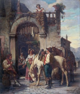 La halte des chevaux à l'auberge, c.1860. Resting horses at an inn.