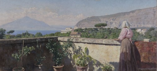 Woman on the terrace of the Cocumella hotel. View of Vesuvius, 1897.