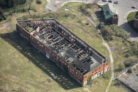 Fire damaged warehouse at Friar Gate Goods Yard, City of Derby, 2021.
