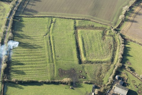 Moated grange and enclosure earthworks at Owston, Leicestershire, 2020.